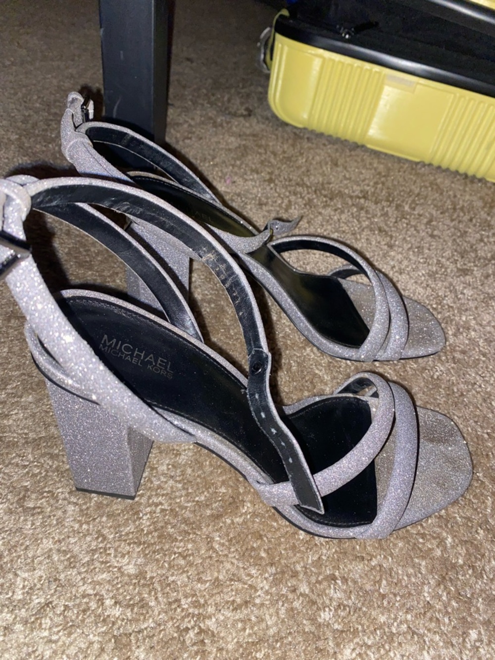 MICHAEL Michael Kors Glitter Block Heel Sandals in Silver